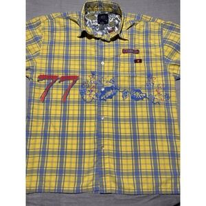 VTG Bugle Boy Embroidered Shirt Y2K Pearl Buttons Large Yellow/blue Denim Pocket